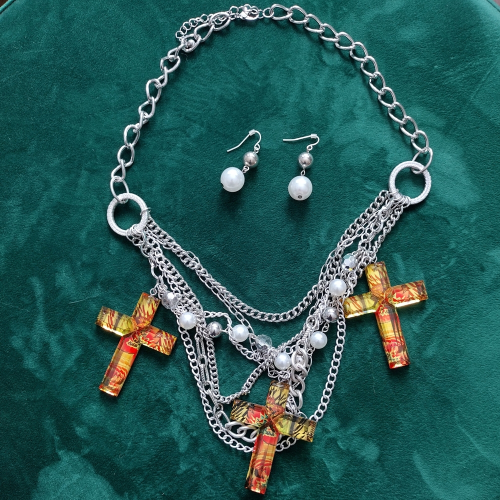 4/$30 SET Silver Tone Multi Chains Orange Large Cross Accents Necklace + Earring
